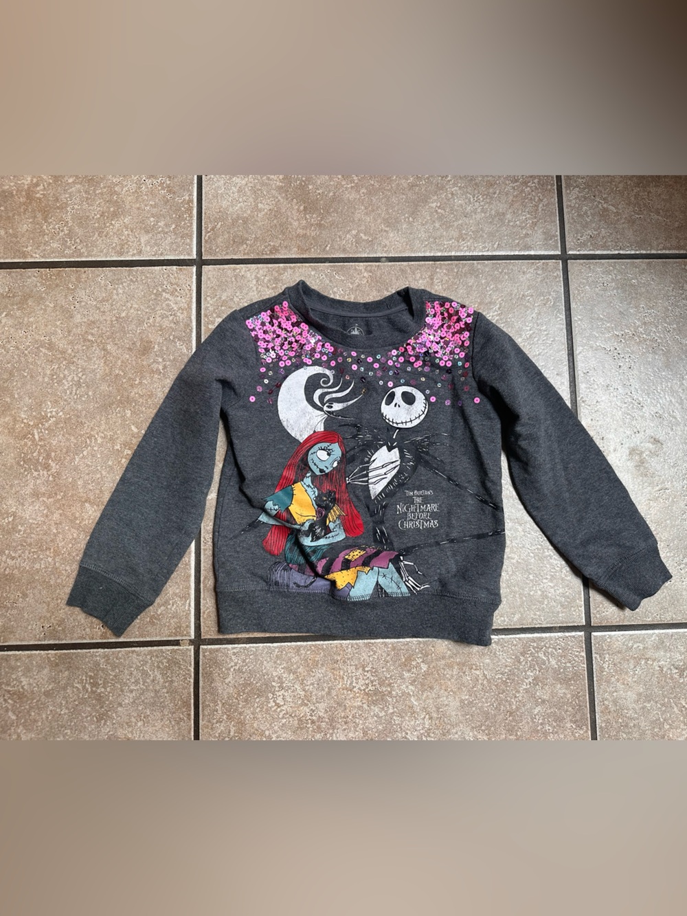 Disney Gray Crewneck Sweatshirt with Pink Sequin Accents